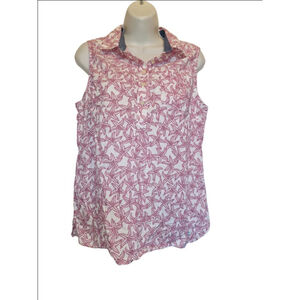Talbots Petite 12P White Pink Starfish Sleeveless Button Down beach vacay Shirt